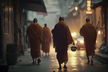 A Group Of Thai Monks Walking Barefoot Through The Streets Of Bangkok, Thailand At Dawn, Collecting Alms From Devout Locals,.