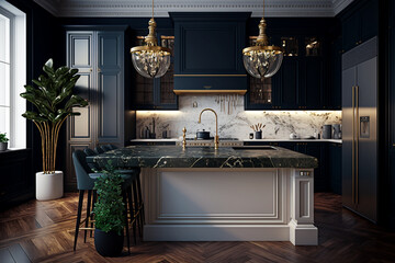 Wall Mural - Stylish cozy kitchen island in luxury house. Idea for interior design. AI