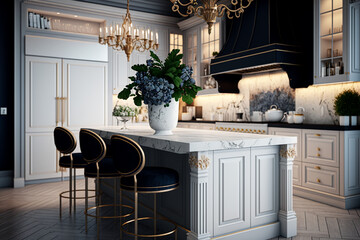 Wall Mural - Stylish cozy kitchen island in luxury house. Idea for interior design. AI