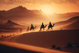 Fototapeta Zachód słońca - A group of Bedouins riding through the desert on camels, with towering sand dunes and a crimson sunset in the background, captured with a telephoto lens, landscape photography