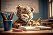 Cute tiger cub at a school lesson at a desk, education and school concept, art generated by ai