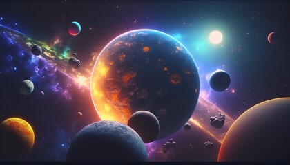 Wall Mural - Artwork of the solar system from an other galaxy in space with planets, stars, and nebula. Generative Ai.
