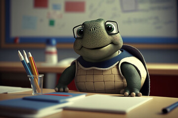 Wall Mural - Cute smiling turtle at a school lesson at a desk, education and school concept, art generated by ai