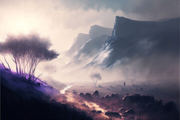 Wall Mural - Misty Fantasy Landscape, Dark Moody Foreboding