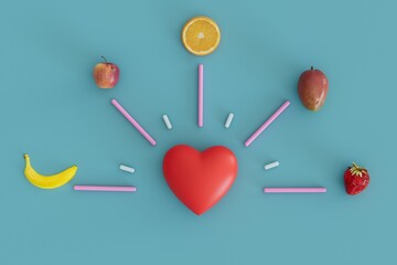 Poster - love for fruits. the hands of the clock at the ends of which are fruits and in the middle of the heart. 3D render