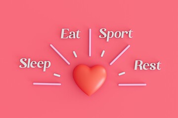 Poster - clock inside which the heart at the ends of the rhinestone inscriptions sleep, food, sports, rest. 3D render