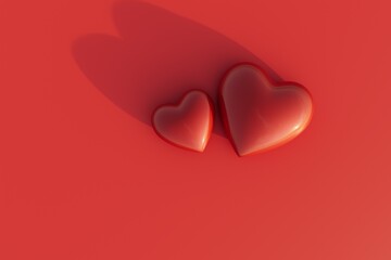 Poster - the concept of falling in love. two red hearts on a red background. 3D render