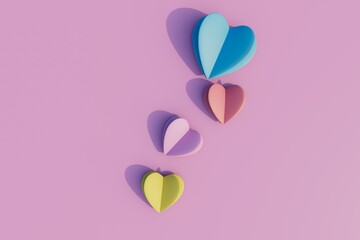 Poster - jewelry in the form of hearts. multicolored paper hearts on a pastel background. 3D render