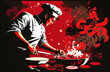 Illustration of a chef with dark, dramatic colors highlighting culinary skills and promoting food prepared by chefs. Realistic style.