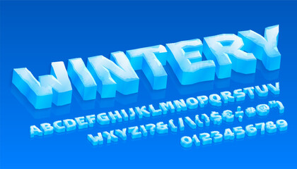 Fototapete - Wintery alphabet font. 3D cartoon ice letters and numbers with reflections. Stock vector typeface for your typography design.