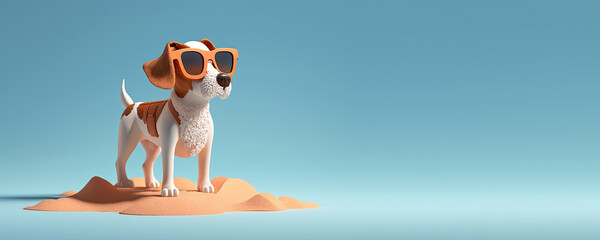 Poster - Cute Cartoon Summer Dog on a Beach in Sunglasses with Space for Copy (Created with Generative AI)