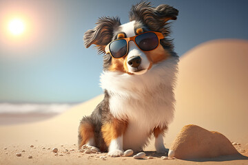 Poster - Cute Cartoon Summer Australian Shepard on a Beach in Sunglasses with Space for Copy (Created with Generative AI)