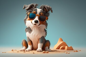 Poster - Cute Cartoon Summer Australian Shepard on a Beach in Sunglasses with Space for Copy (Created with Generative AI)