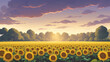 Beautiful Sunflower Field During Dusk or Dawn with Trees Detailed Hand Drawn Painting Illustration