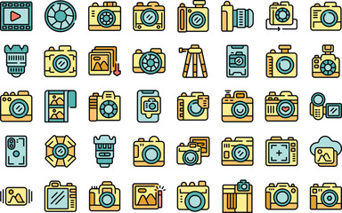 Poster - photo camera icons set outline vector. camera photo. flash emoticon color flat on white