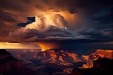 A Sunset Over The Grand Canyon Illuminates Dramatic Clouds.