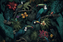 Various Tropical Leaves And Birds Exotic Wallpaper Design . Sublime Generative AI Image .