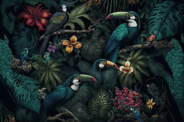Wall Mural - Various tropical leaves and birds exotic wallpaper design . Sublime Generative AI image .