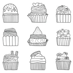 Wall Mural - Hand drawn cupcake collection in doodle art style on white background