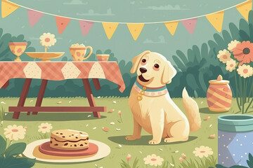 Card for birthday dog party or garden puppy picnic with happy dog