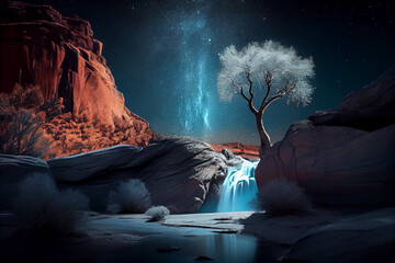 Wall Mural - Dry tree in the middle of the desert under the stars with waterfall in winter landscape background,  night light,  AI Generative  illustration