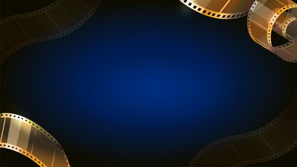 Golden film reel strip on dark blue background. Realsittic 35 mm filmstrip Cinema banner. Film festival poster backround.