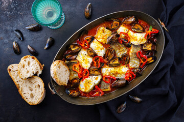 Wall Mural - Traditionelle französische Meeresfrüchte Bouillabaisse mit Kabeljau und Muscheln in Rotwein-Tomatensauce, serviert als Draufsicht in einer rustikalen Kupfer Kasserole