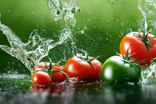 Fresh Red Tomatoes Flying With Water Splash On Green Background. Generative AI