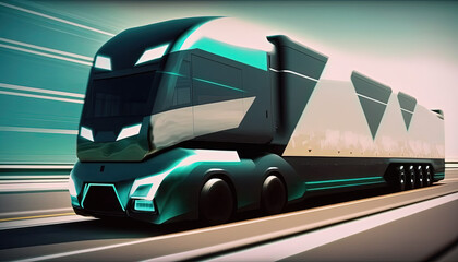 Wall Mural - Ffuturistic truck, electric vehicle transportation at high speed on highway. Generative Ai