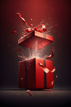 Open Red Gift Box With Light And Splash Effect On Dark Background. Generative AI.