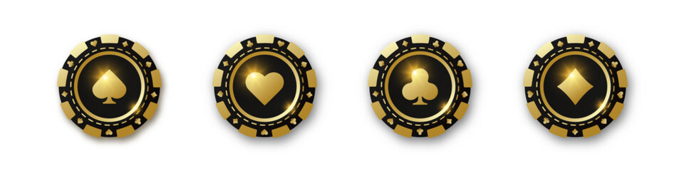 Wall Mural - Diamonds, clubs, hearts, spades chips. Set of gold and black poker chips. Gambling tokens with suits for poker and casino. Vector illustration. For game design, advertising web banner and poster.