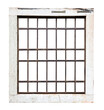 © macondos - vintage square window with stone marble frame protected with metallic railing bars isolated on white