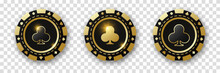 Clubs Suit Chips. Set Of Gold And Black And Poker Chips. Gambling Tokens With Suits For Poker And Casino And Roulette. Vector Illustration. For Game Design, Advertising Web Banner And Poster.