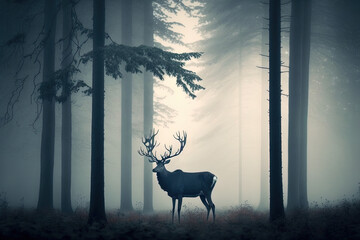 Wall Mural - Deer in the foggy forest. AI