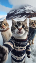 Cats in winter sweaters take a selfie in the mountains. Ai generative.