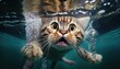 Cat underwater diving in aquarium with turquoise water, funny surprised cat face undersea, brave cat hunts for fish in sea. Fluffy cat swimming under water with surprised look, generative AI