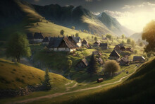 A Picturesque Village In A Lush Hilly Grassy Landscape Generative AI