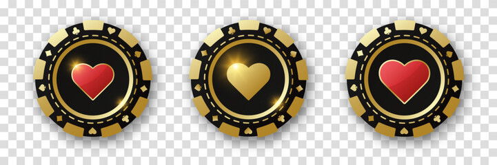 Wall Mural - Hearts suit chips. Set of gold and black and red poker chips. Gambling tokens with suits for poker and casino and roulette. Vector illustration. For game design, advertising web banner and poster.