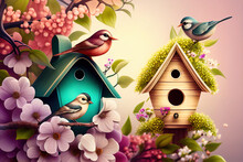 Nest Boxes Of Colorful Spring Birds. Ai Generative.