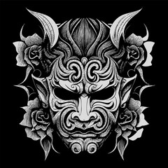 Wall Mural - This Japan Hannya mask line art drawing depicts the haunting and captivating expression of the traditional Noh theater mask with intricate line work