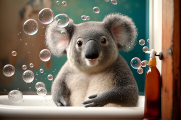 Wall Mural - Koala in a bathtub with soap bubbles and foam AI generated content