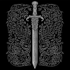 Wall Mural - Elegant sword floral ornament line art drawing, featuring intricate details that blend the strength of a sword with the beauty of floral elements