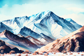 A mountain range with snow-capped peaks, set against a clear blue sky, ai illustration