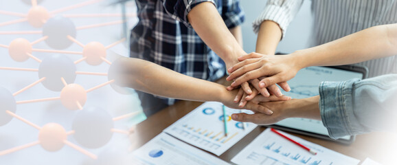 Canvas Print - Panoramic Teamwork,empathy,partnership and Social connection in business join hand together concept.Hand of diverse people connecting.Power of volunteer charity work, Stack of people hand. 