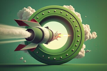 Wall Mural - Rocket flying towards round target, green background, startup concept, Generative AI
