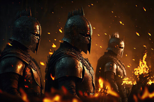 Fototapete - Knights on battlefield after victory. Everything is on fire. Knights are a warrior in armor and helmets. Medieval Fantasy Battle