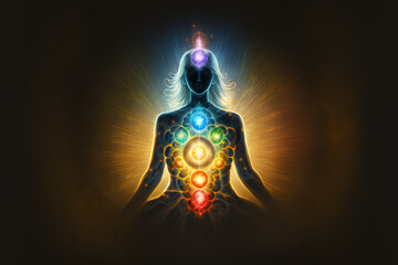 Human inner energy chakra meditation of mind body and soul. Peculiar AI generative image.