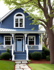 Wall Mural - A typical European double-story house made of wood and paint blue in color. Has a balcony in front. Windows at the front facade. 