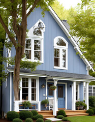 Wall Mural - A typical European double-story house made of wood and paint blue in color. Has a balcony in front. Windows at the front facade. 
