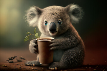 Wall Mural - Koala drinking a cup of coffee in the morning AI generated Content